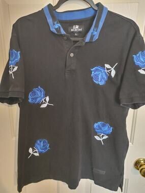 Damati Men's Polo Shirt Embroidered Blue Roses Large